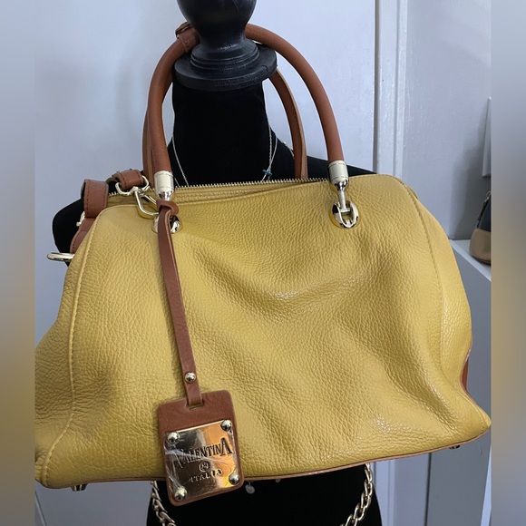 Valentina Handbags - VALENTINA Pebbled Leather Yellow + Brown Convertible Satchel Crossbody Bag $298